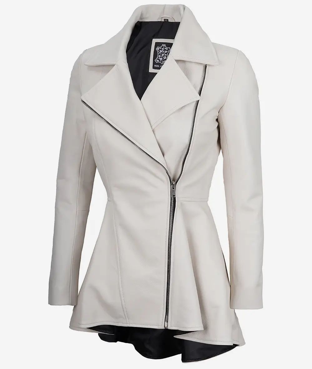 New Stylish Biker Moto Slim Fit Off White Sheepskin Peplum Leather Jacket For Women