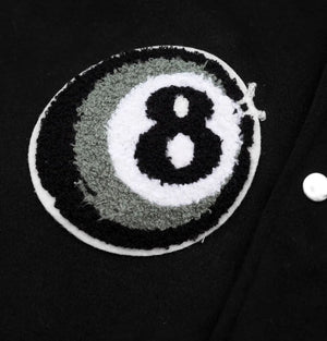 Famous Black Leather Fusionism 8 Ball Varsity Jacket