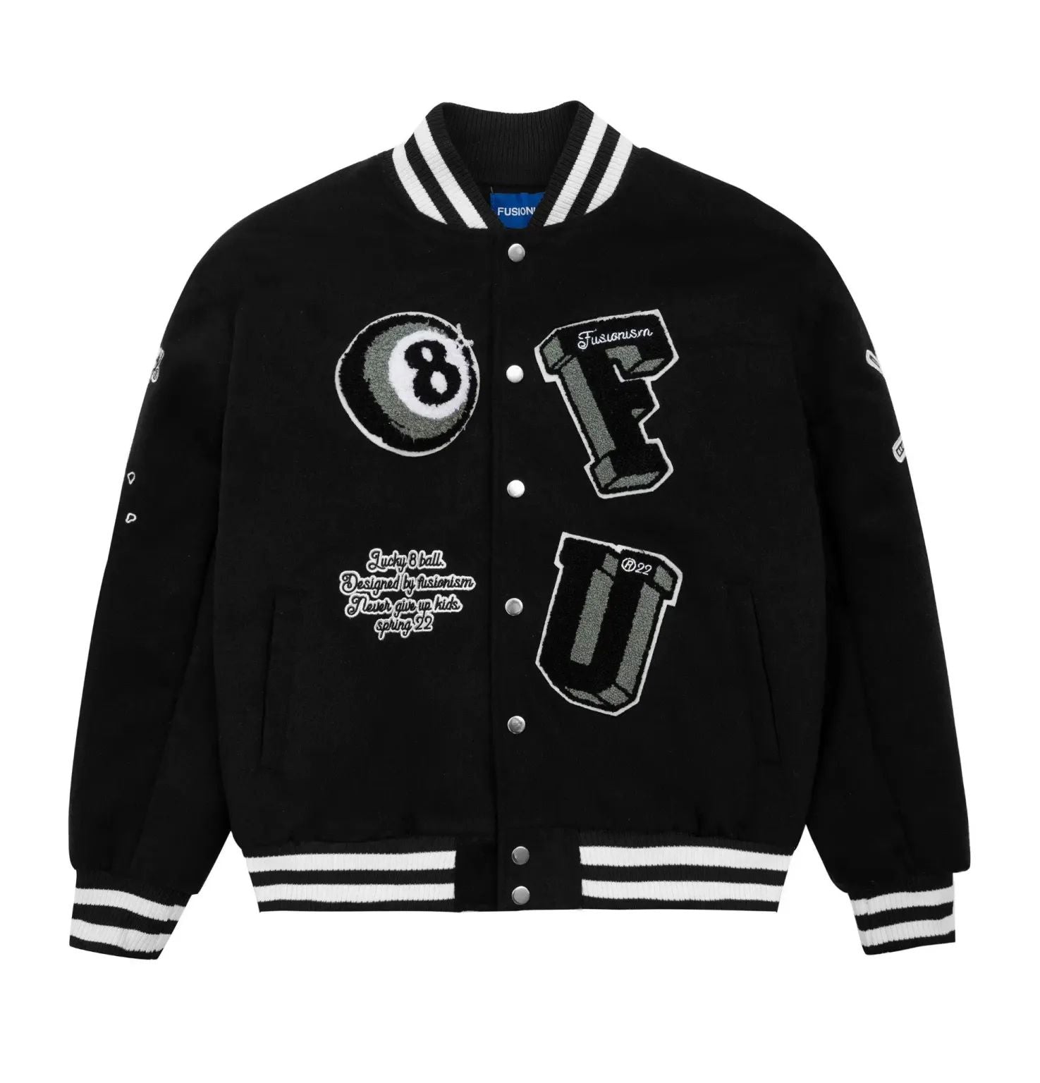 Famous Black Leather Fusionism 8 Ball Varsity Jacket