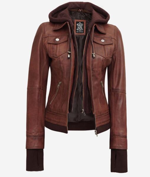 Tralee Dark Brown Bomber Leather Jacket With Removable Hood