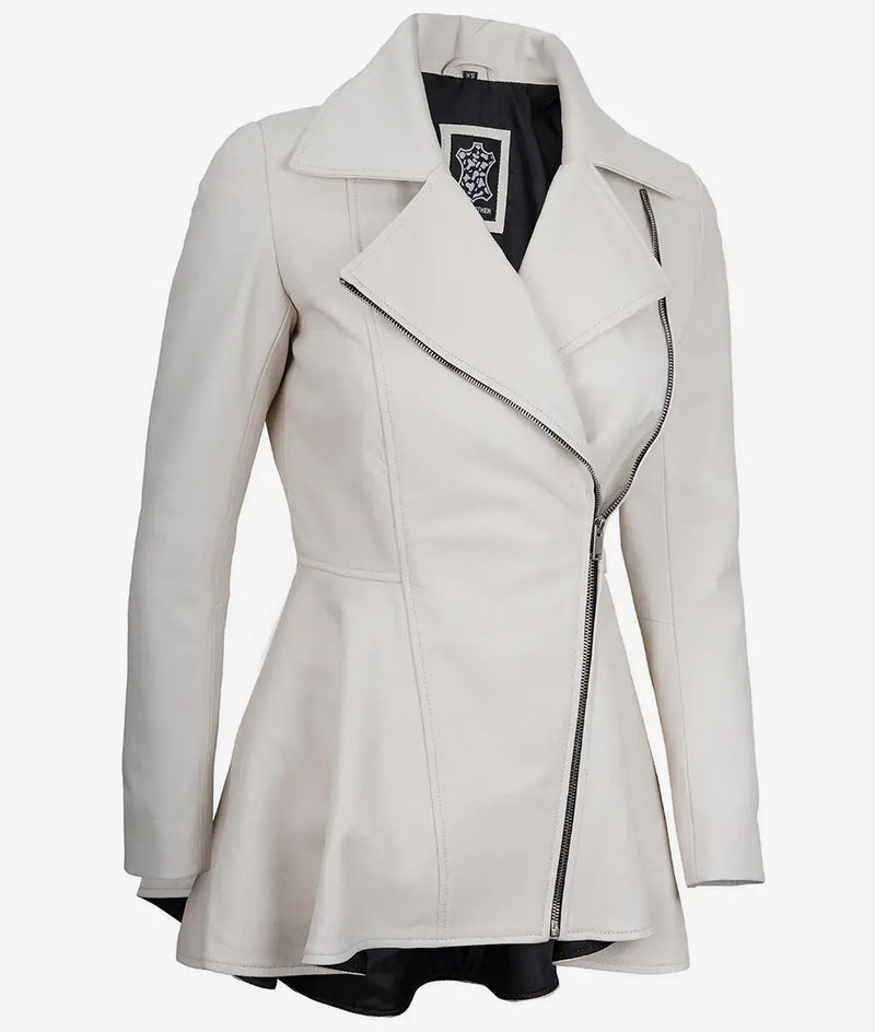 New Stylish Biker Moto Slim Fit Off White Sheepskin Peplum Leather Jacket For Women