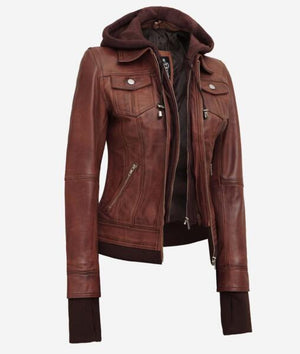 Tralee Dark Brown Bomber Leather Jacket With Removable Hood