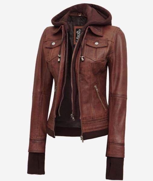 Tralee Dark Brown Bomber Leather Jacket With Removable Hood