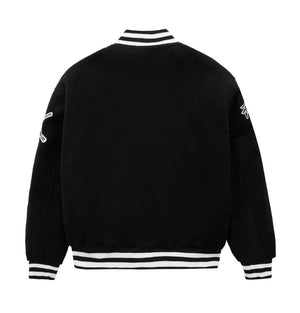 Famous Black Leather Fusionism 8 Ball Varsity Jacket