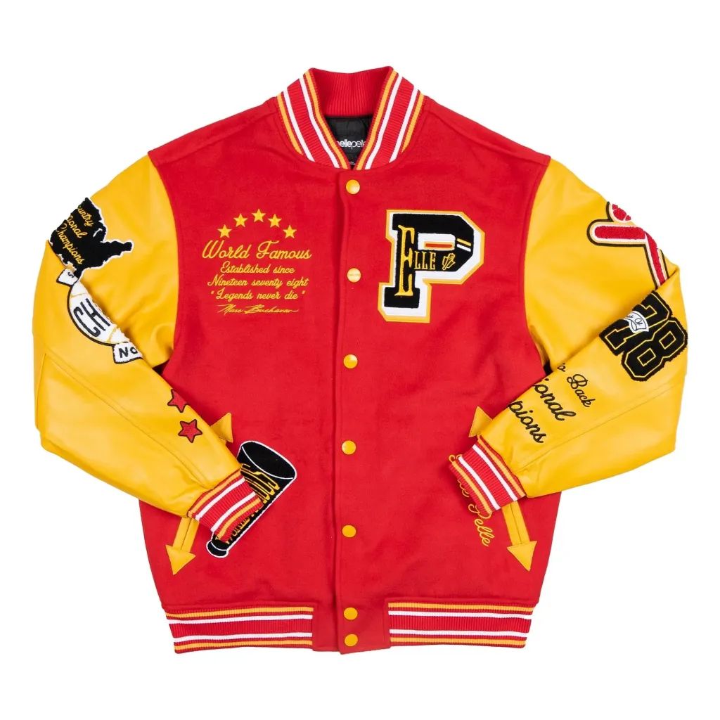 World Famous Red Wool & Yellow Leather Pelle Pelle Varsity Jacket