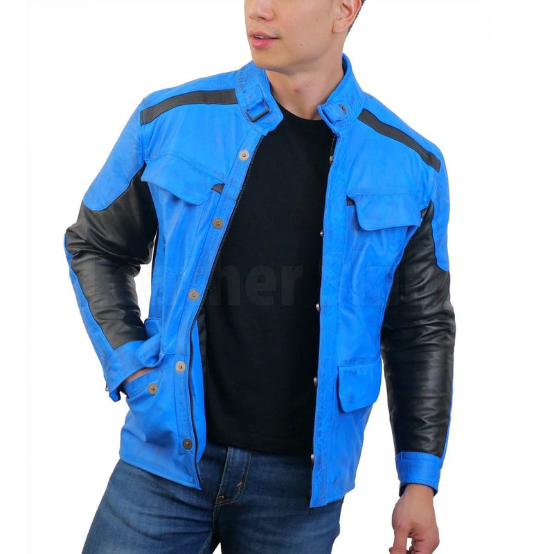 Wilder Blue Combo Biker Leather Jacket