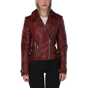 Lily Burgundy Leather Moto Jacket With Gray Hood