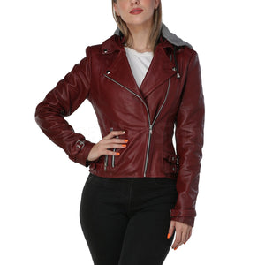 Lily Burgundy Leather Moto Jacket With Gray Hood