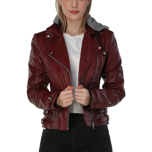 Lily Burgundy Leather Moto Jacket With Gray Hood
