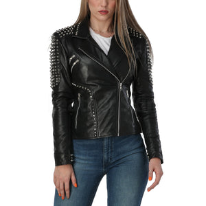 Sophia Black Asymmetrical Leather Studded Biker Jacket