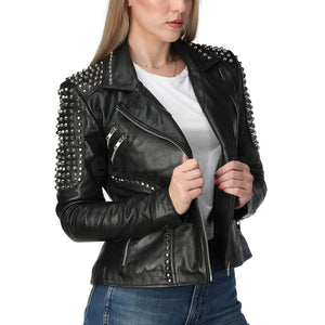 Sophia Black Asymmetrical Leather Studded Biker Jacket