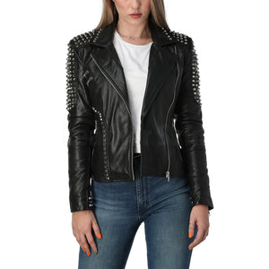 Sophia Black Asymmetrical Leather Studded Biker Jacket