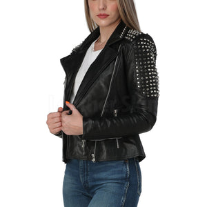 Sophia Black Asymmetrical Leather Studded Biker Jacket