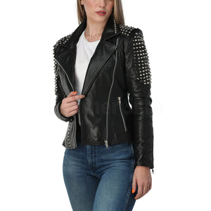 Sophia Black Asymmetrical Leather Studded Biker Jacket
