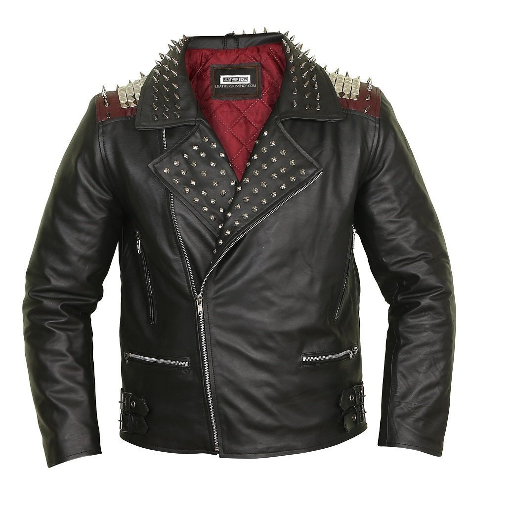 Pierce Punk Style Black Leather Jacket with Metal Accents