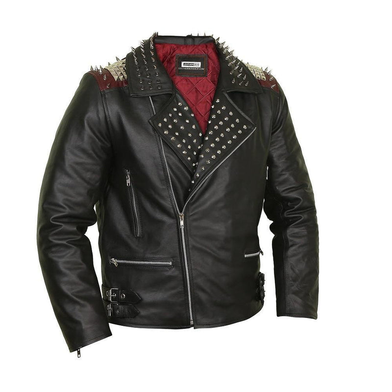 Pierce Punk Style Black Leather Jacket with Metal Accents