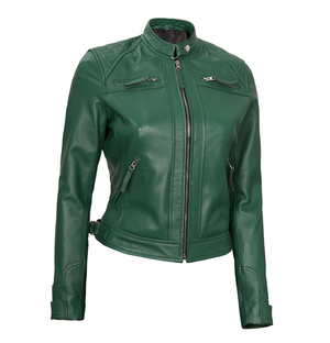 Evangeline Women’s Diamond Quilted Green Café Racer Leather Jacket