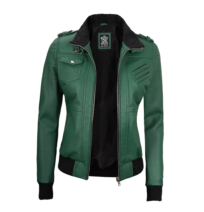 Hazel Women’s Hooded Green Leather Jacket