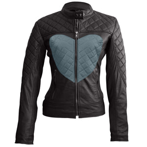 Ophelia Women's Gray Heart Black Quilted Café Racer Leather Jacket