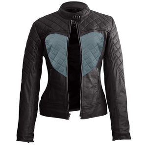 Ophelia Women's Gray Heart Black Quilted Café Racer Leather Jacket
