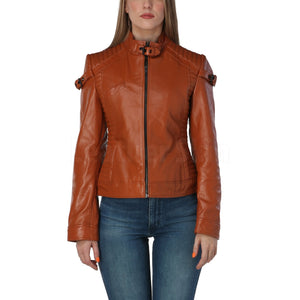 Marigold Cognac Brown Leather Moto Jacket for Women