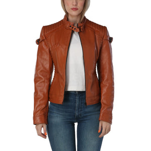 Marigold Cognac Brown Leather Moto Jacket for Women