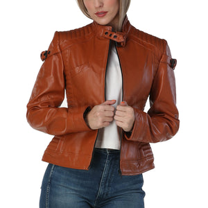 Marigold Cognac Brown Leather Moto Jacket for Women