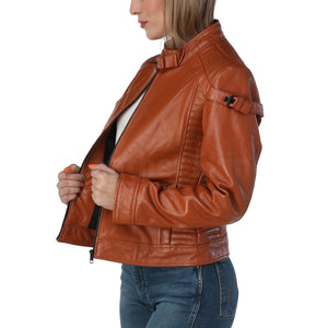 Marigold Cognac Brown Leather Moto Jacket for Women