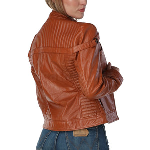Marigold Cognac Brown Leather Moto Jacket for Women