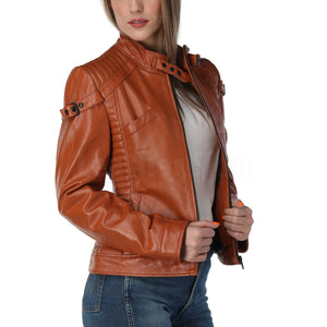 Marigold Cognac Brown Leather Moto Jacket for Women