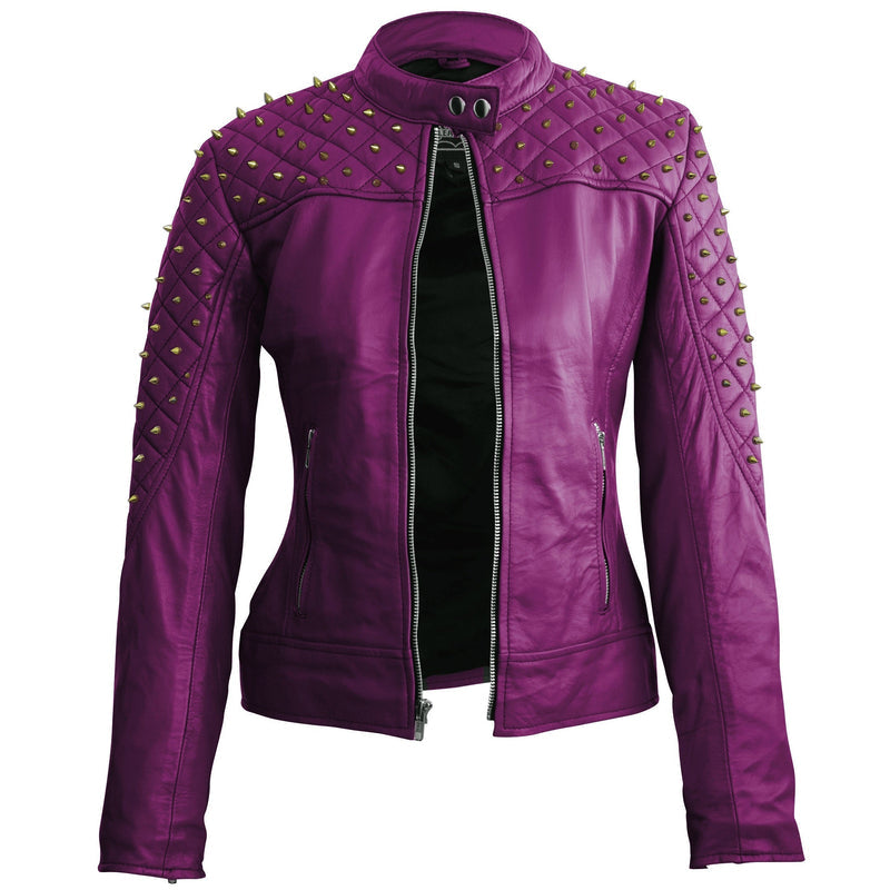 Elara Women's Purple Quilted Leather Jacket with Gold Spike Studs