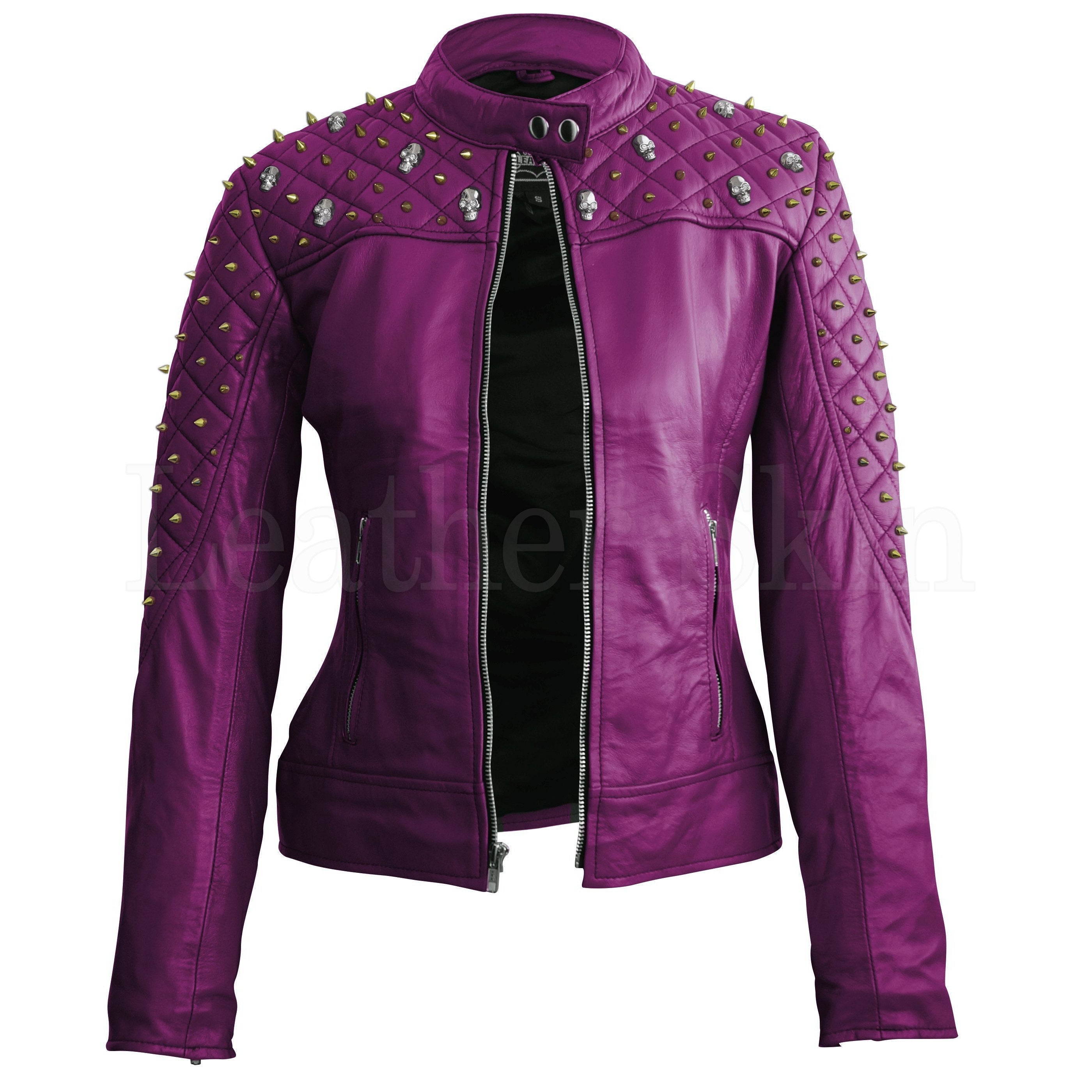 Juniper Women's Purple Quilted Leather Jacket with Gold Studded Skeleton Design