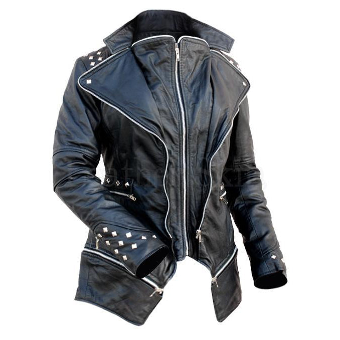 Celeste Women's Black Punk Leather Jacket with Spike Studs