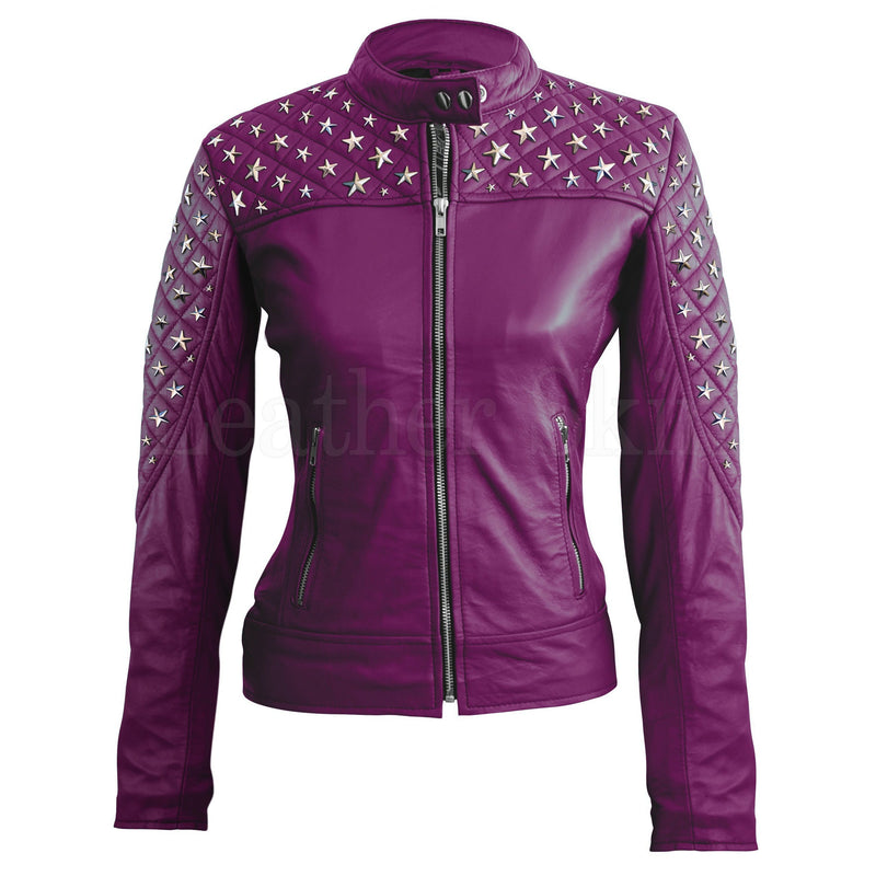 Juniper Women's Purple Quilted Leather Jacket with Gold Studded Skeleton Design