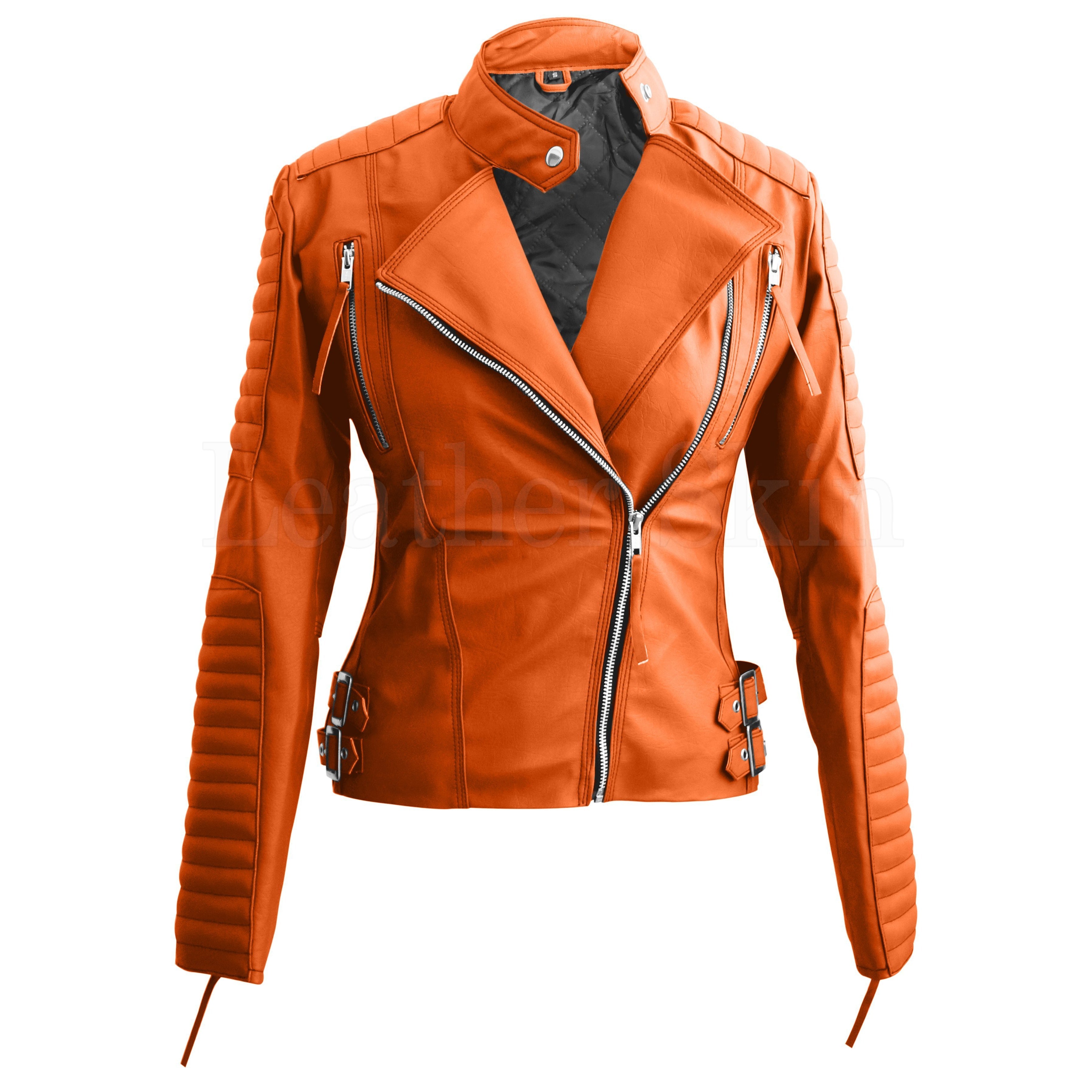 Evelyn Orange Asymmetrical Leather Motorcycle Jacket Women
