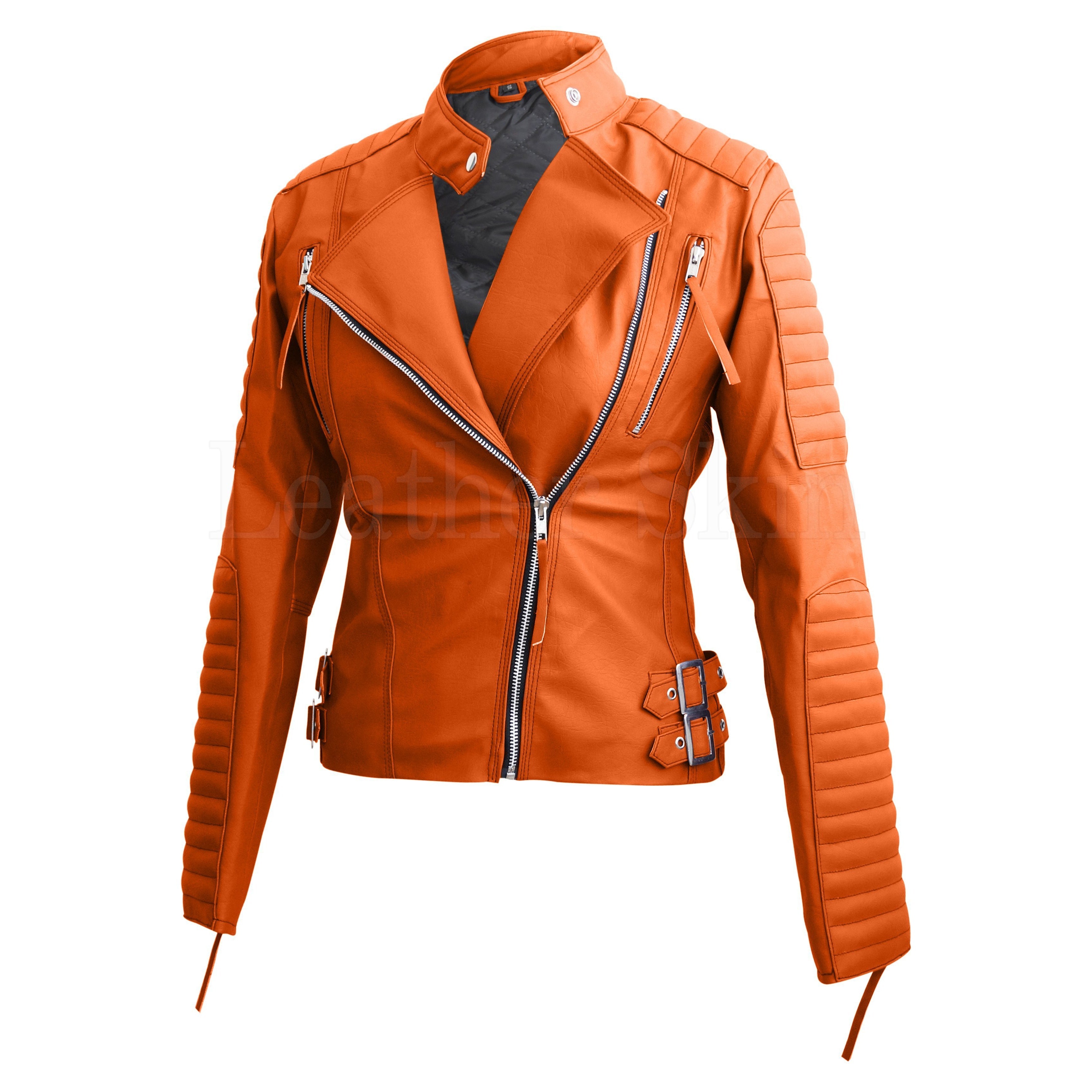 Evelyn Orange Asymmetrical Leather Motorcycle Jacket Women