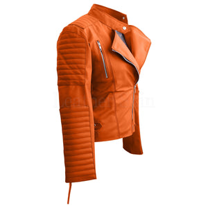Evelyn Orange Asymmetrical Leather Motorcycle Jacket Women