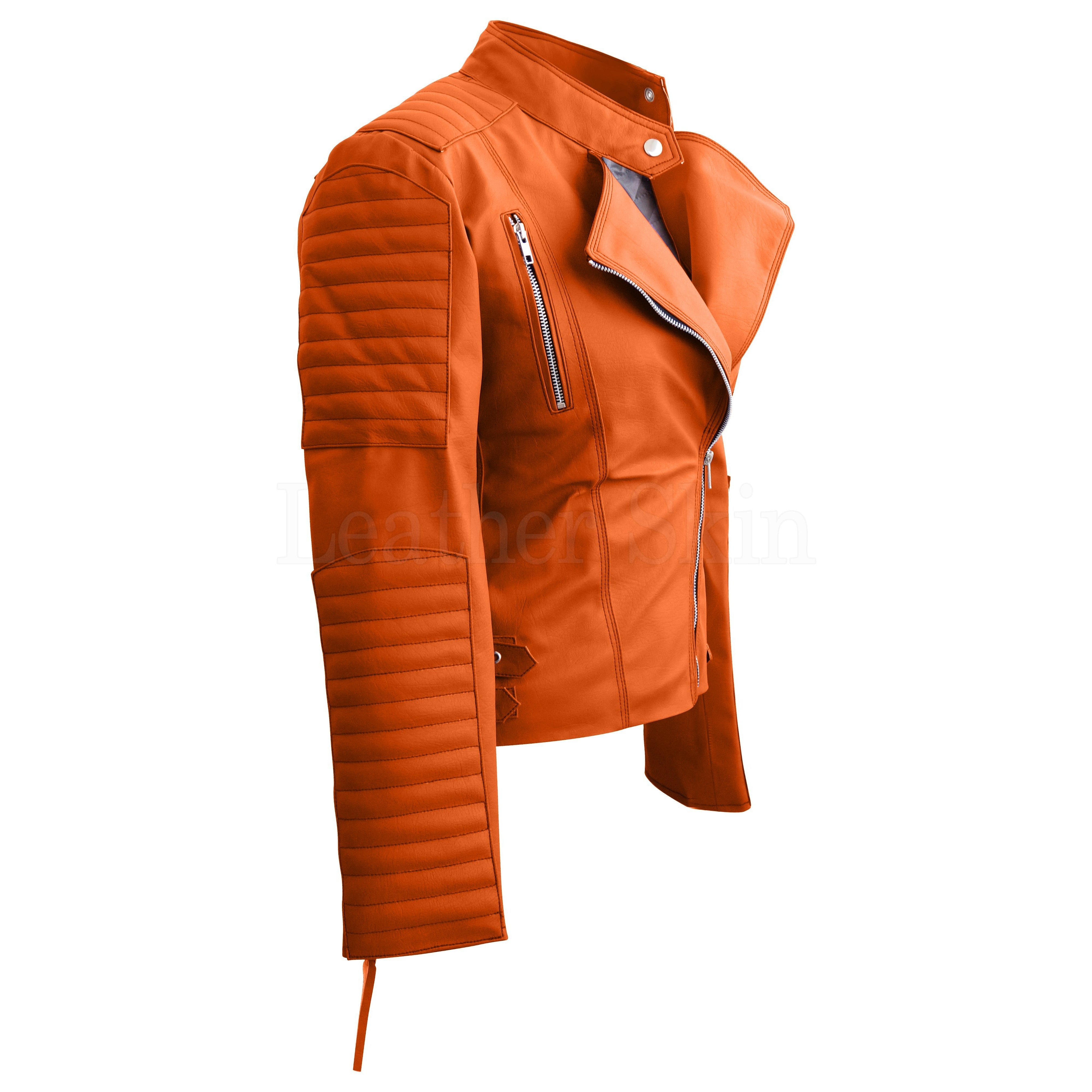 Evelyn Orange Asymmetrical Leather Motorcycle Jacket Women
