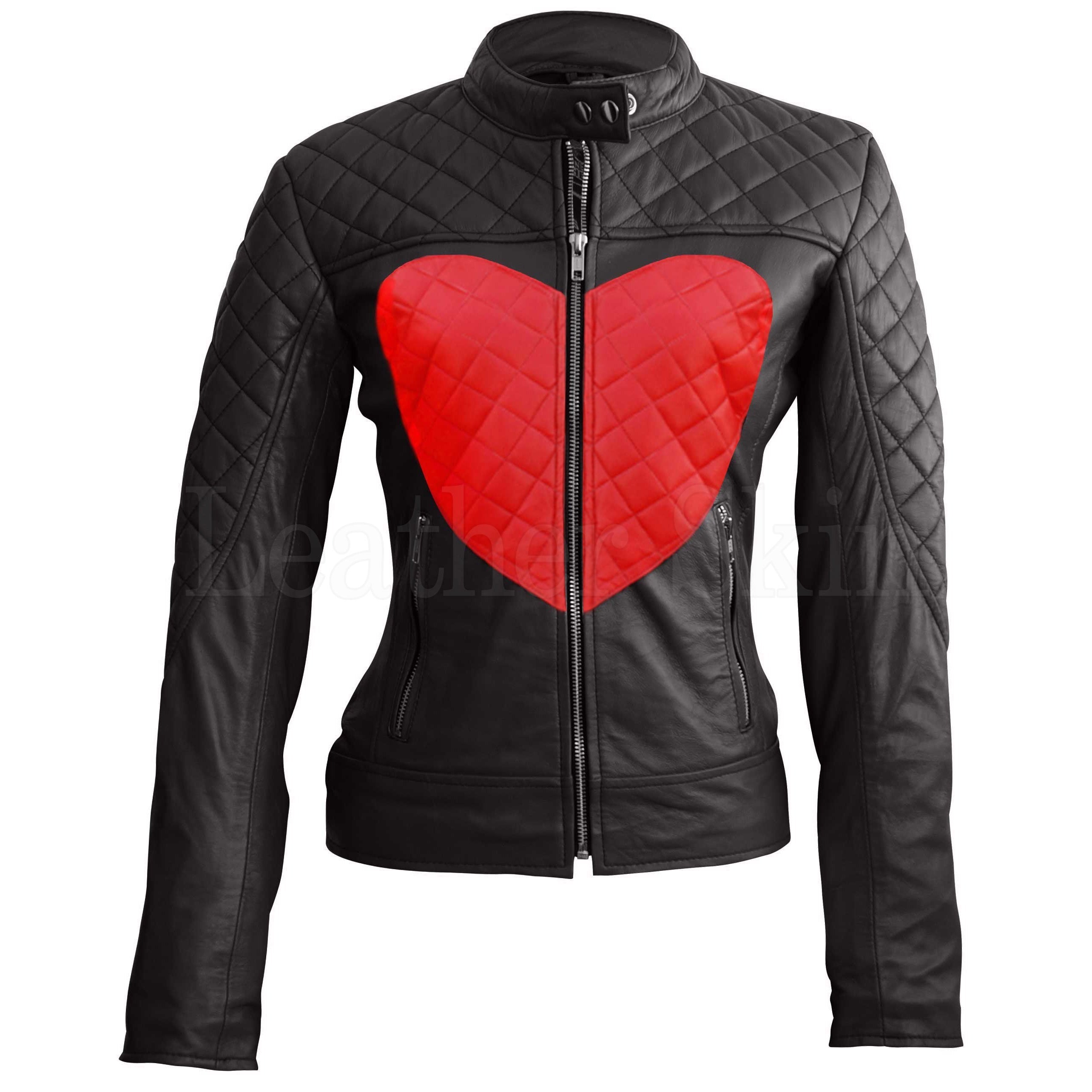 Eloise Women's Red Heart Black Quilted Café Racer Leather Jacket