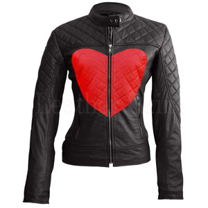 Eloise Women's Red Heart Black Quilted Café Racer Leather Jacket
