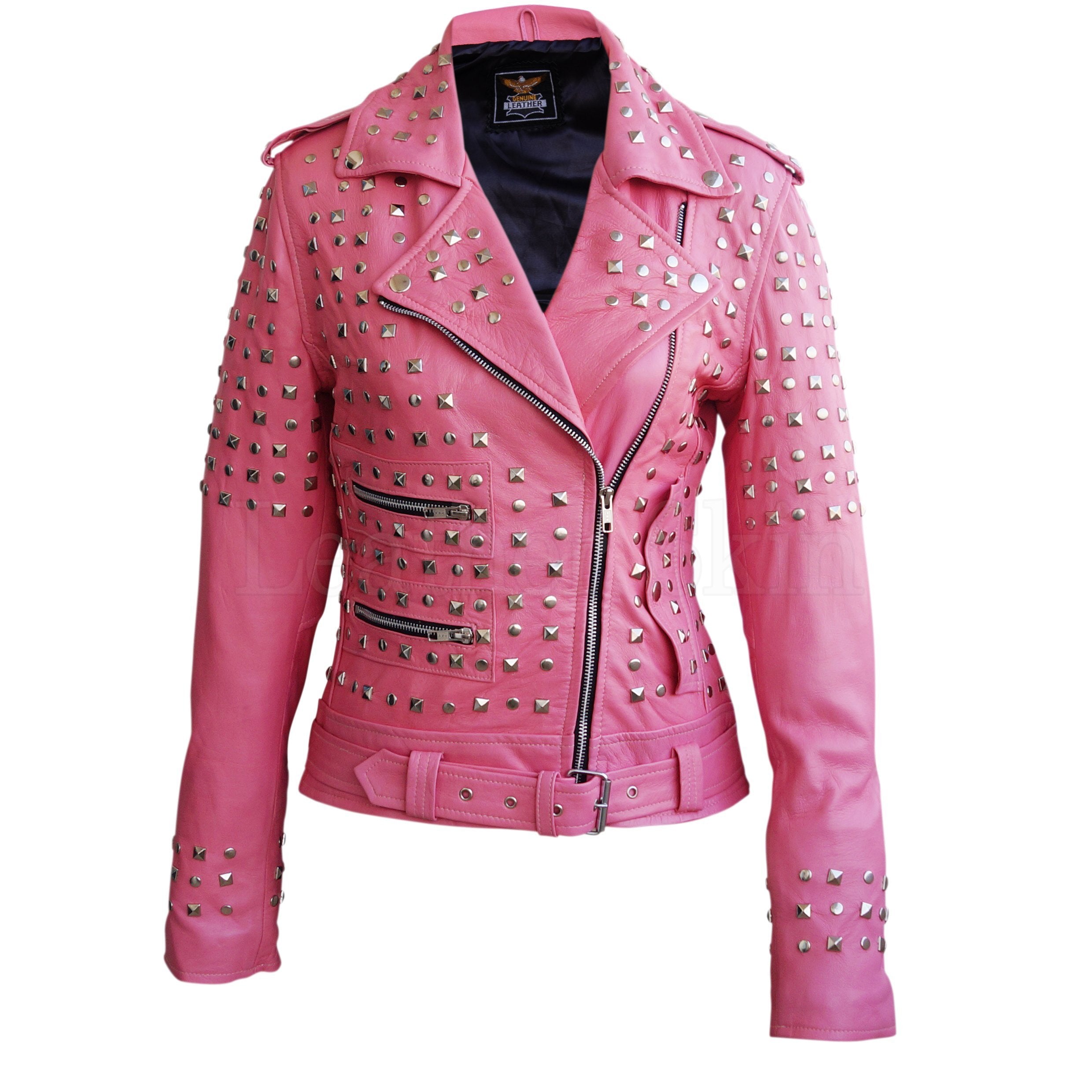 Giselle Women's Pink Real Leather Jacket with Studded Detailing