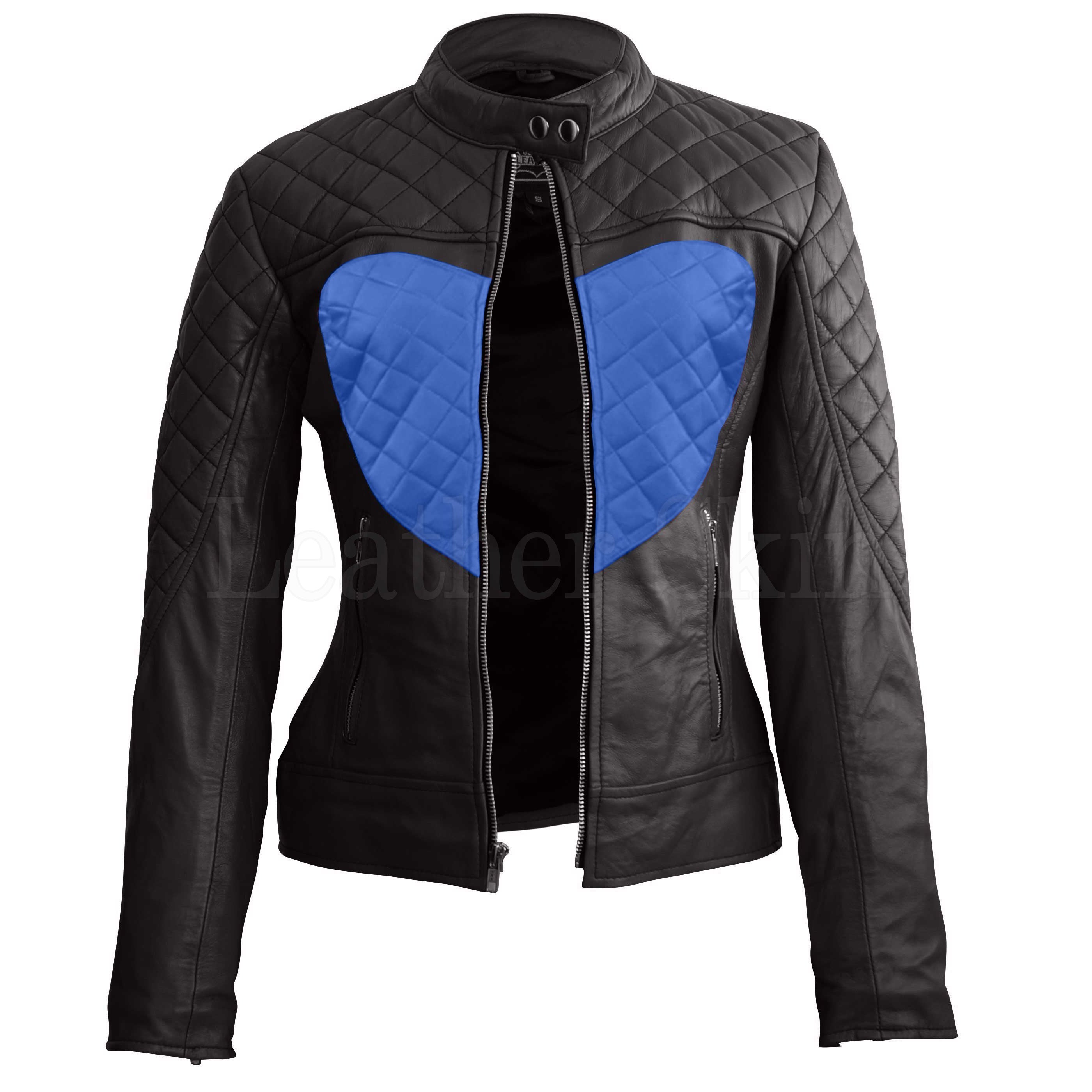 Maisie Women's Blue Heart Black Quilted Café Racer Leather Jacket