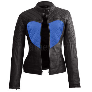 Maisie Women's Blue Heart Black Quilted Café Racer Leather Jacket