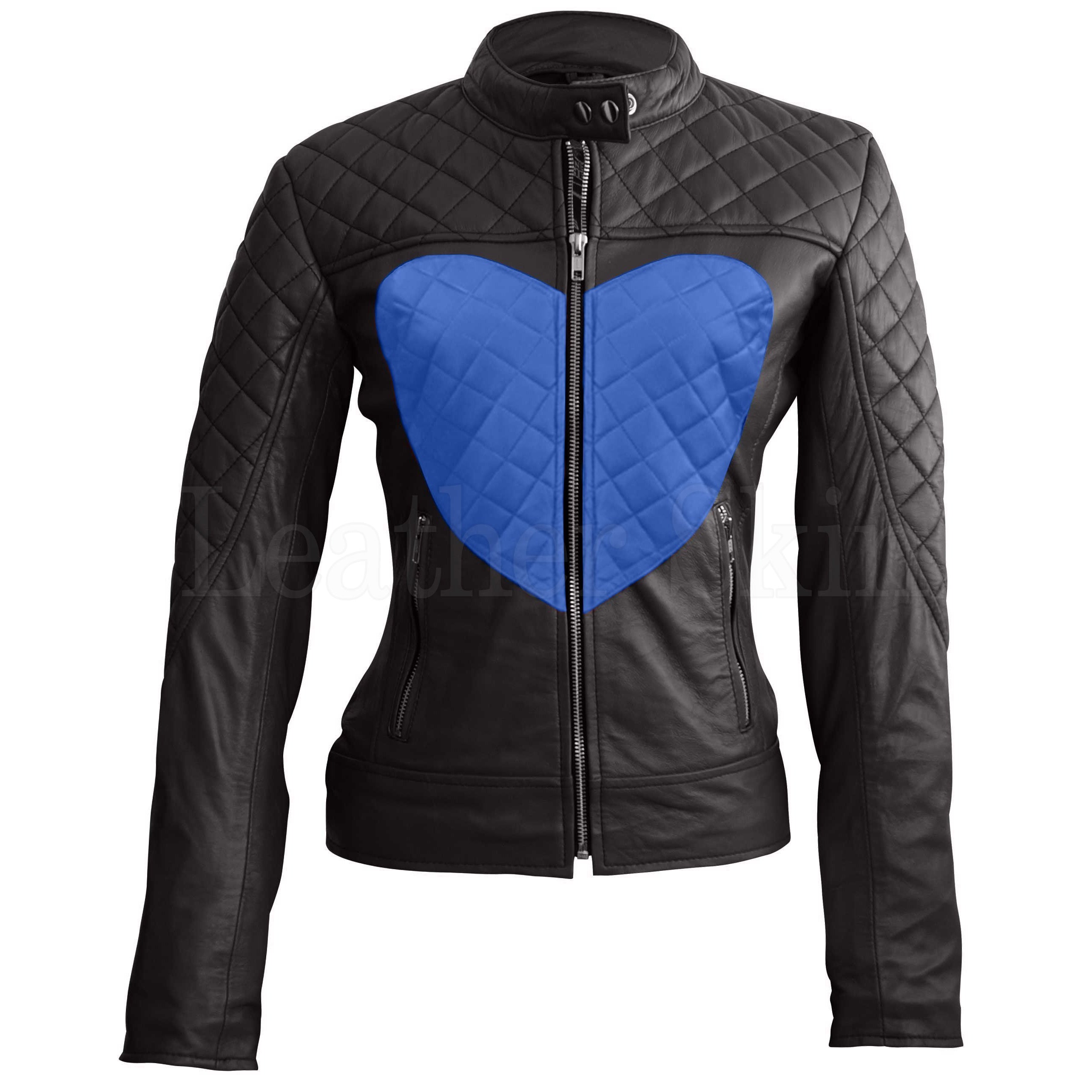 Maisie Women's Blue Heart Black Quilted Café Racer Leather Jacket