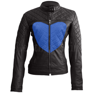 Maisie Women's Blue Heart Black Quilted Café Racer Leather Jacket