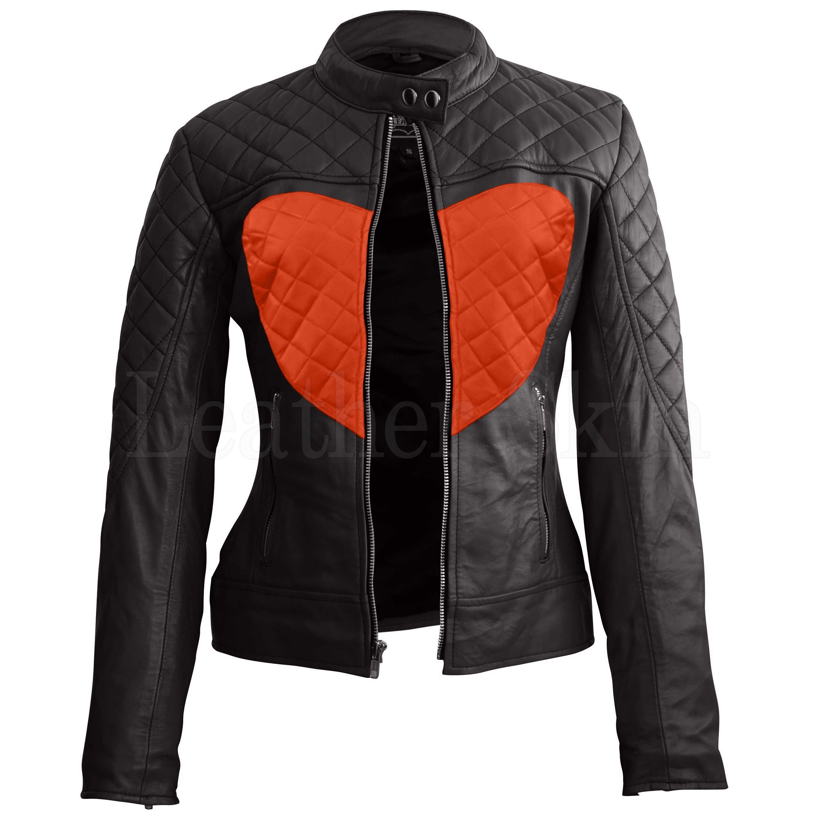Eloise Women's Red Heart Black Quilted Café Racer Leather Jacket