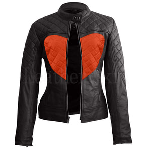 Eloise Women's Red Heart Black Quilted Café Racer Leather Jacket