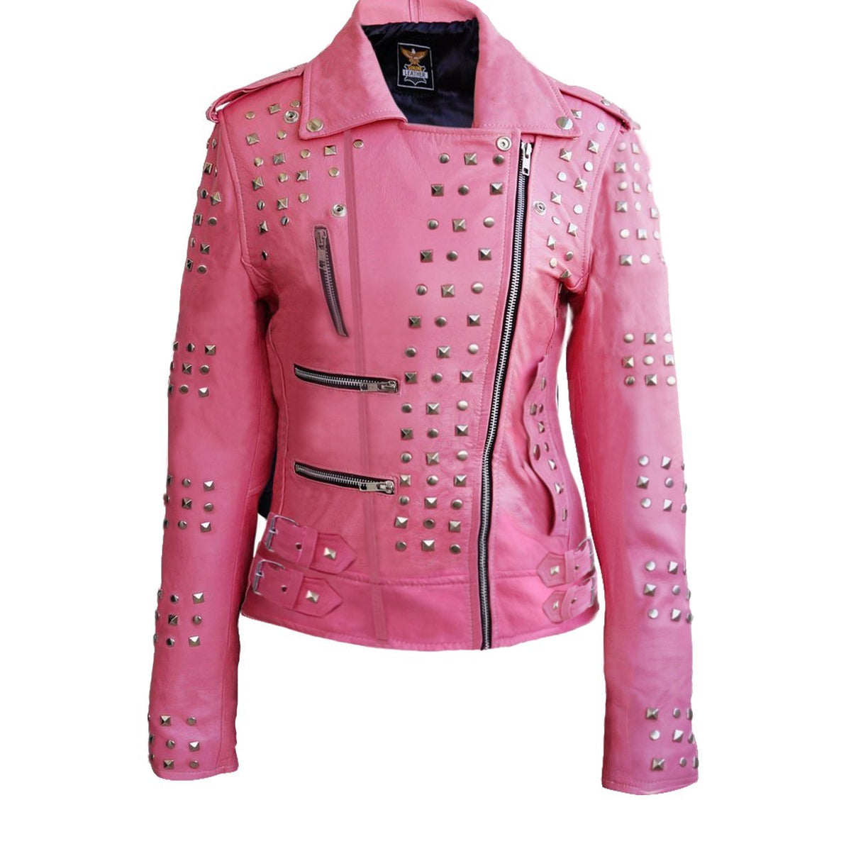 Giselle Women's Pink Real Leather Jacket with Studded Detailing