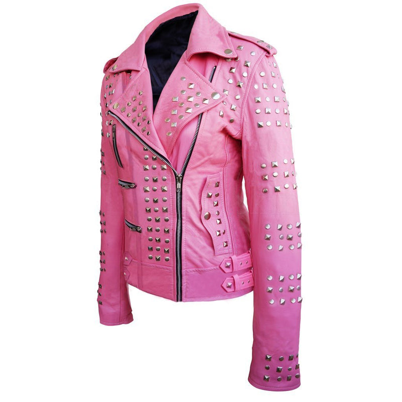 Giselle Women's Pink Real Leather Jacket with Studded Detailing