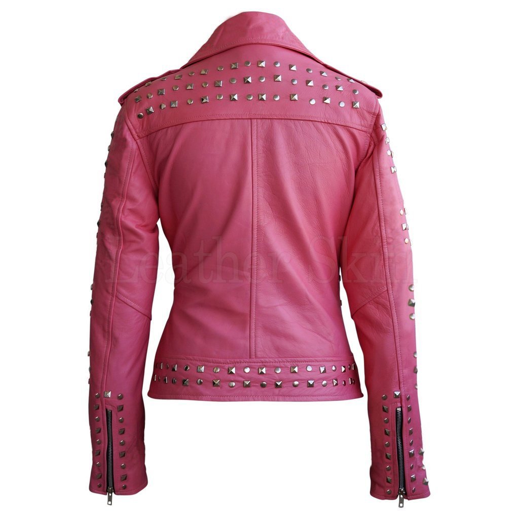 Giselle Women's Pink Real Leather Jacket with Studded Detailing